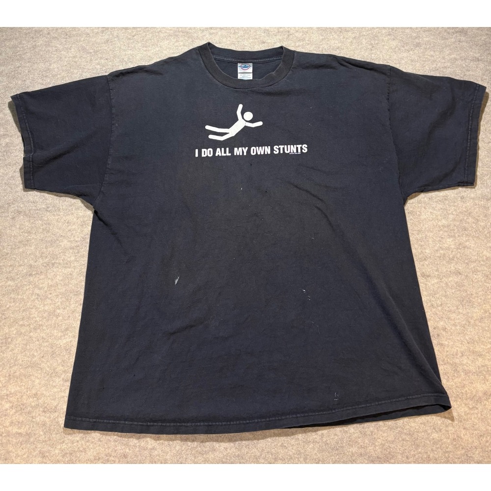 Y2K Delta Pro Weight I Do All My Own Stunts Graphic T-Shirt Black Mens 2XL 2000s